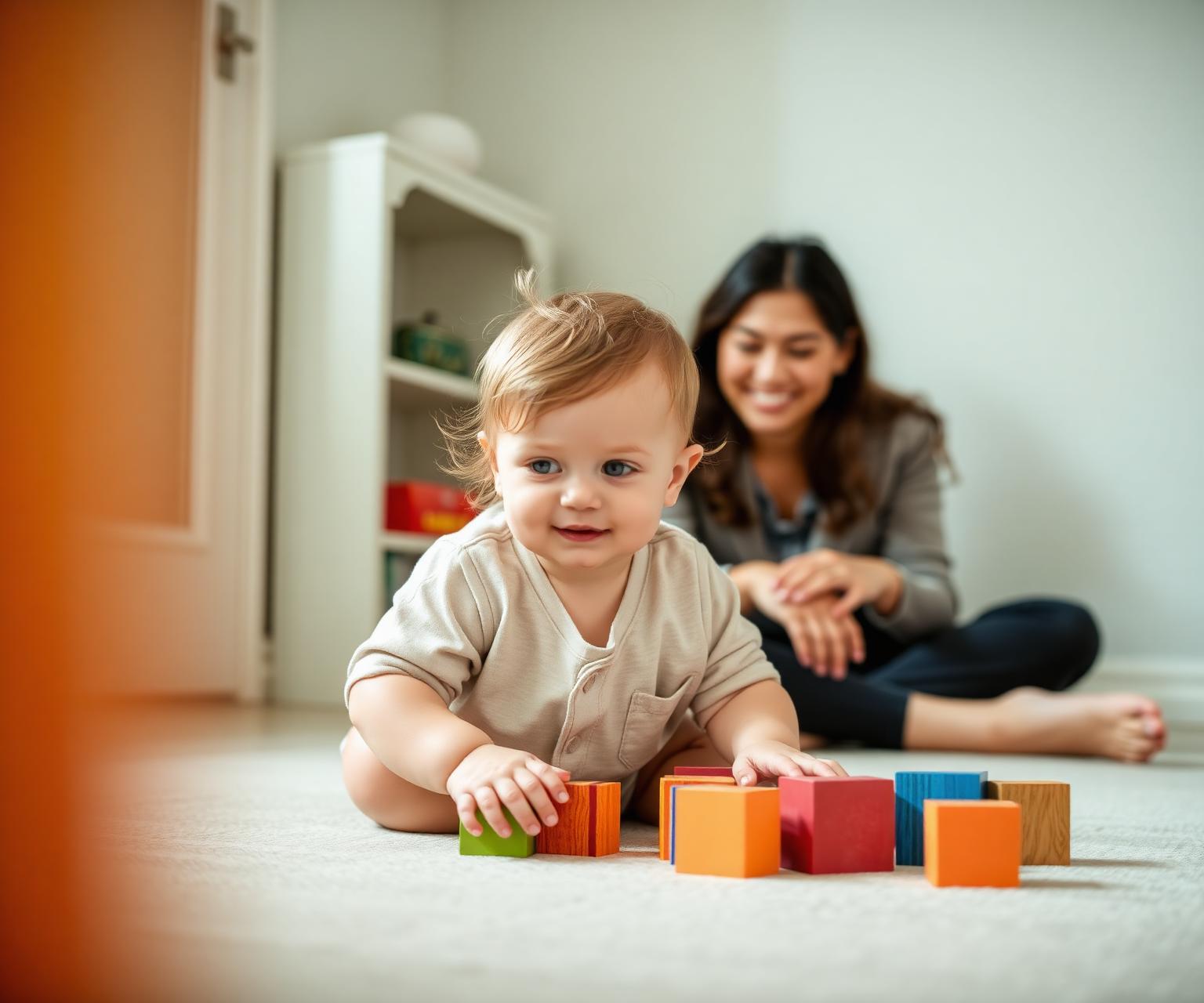 Child playing with wooden blocks beside a smiling caregiver